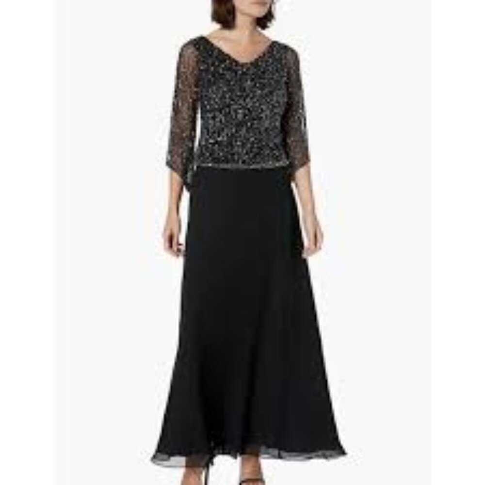 J kara Womens Long Beaded Dress With Cowl Neck Black/Gun/Mercury New With Tags S